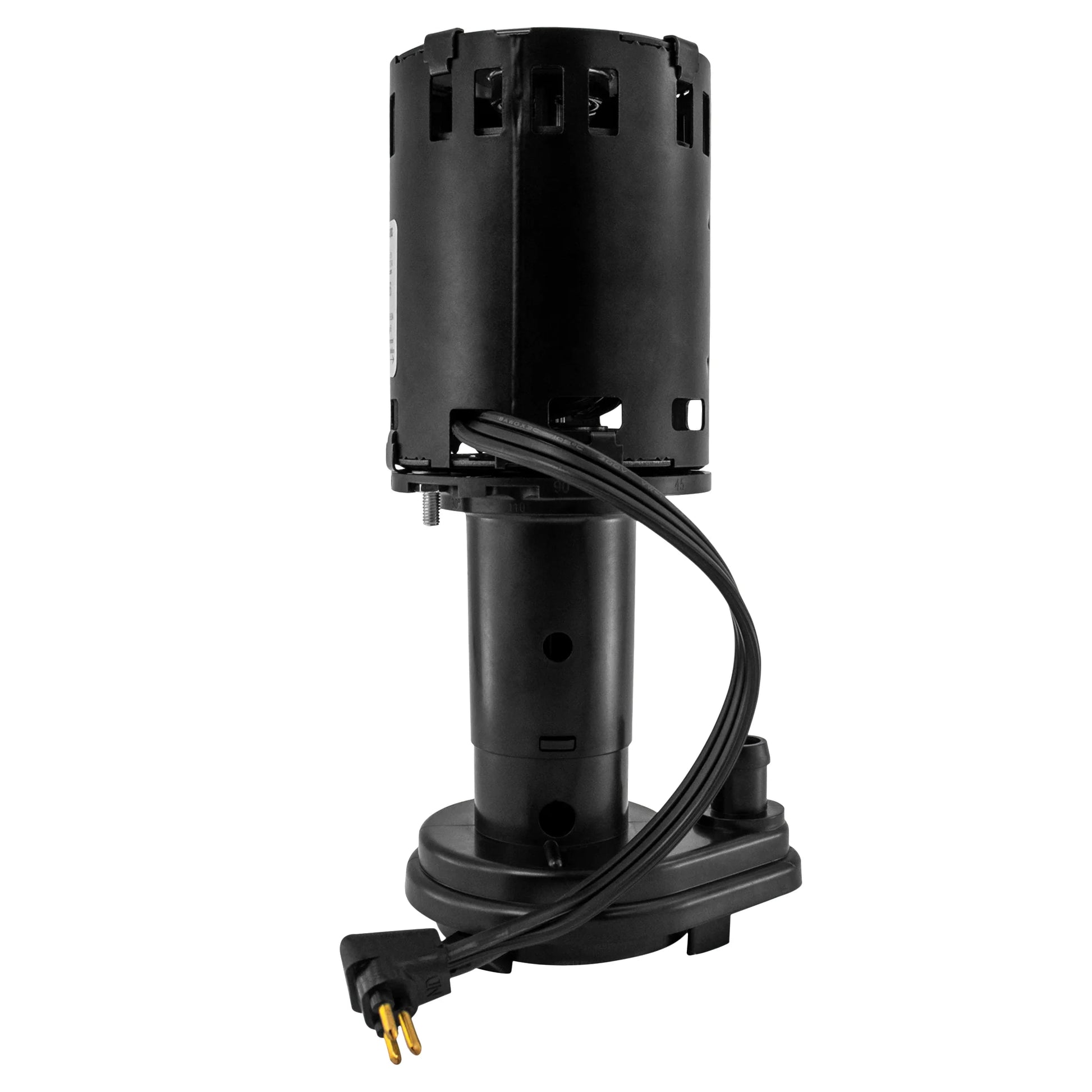Black cylindrical device with a power cord on a white background