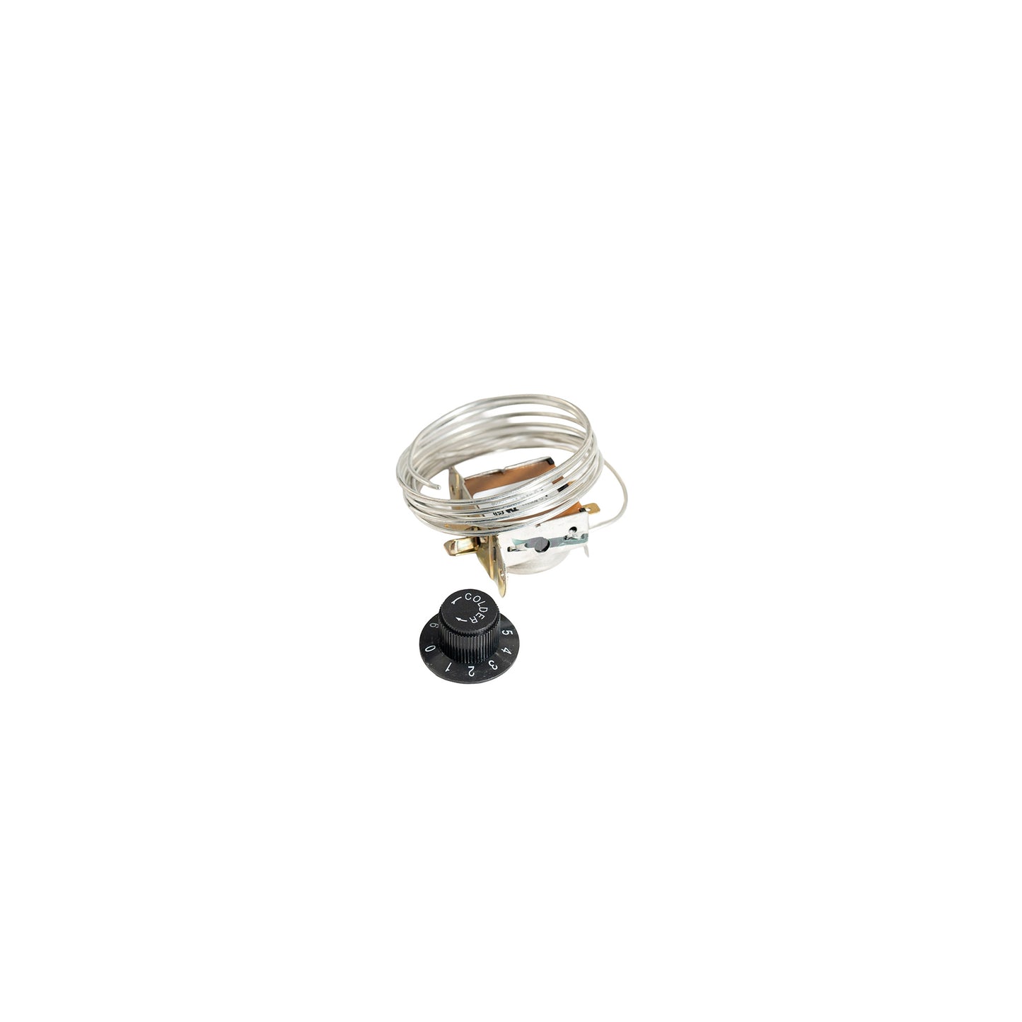Electrical components including a coil of wire and a black knob on a white background