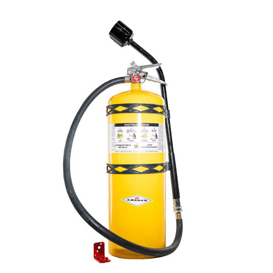 A yellow Amerex fire extinguisher with a black hose, black nozzle, and red mounting bracket, shown on a plain white background.