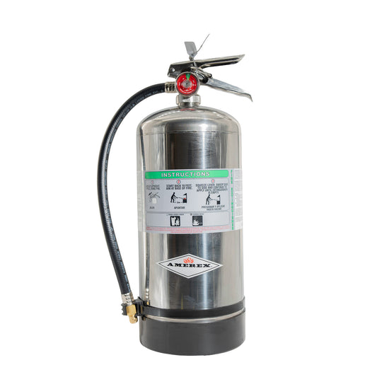 An Ammex ABC fire extinguisher with a stainless steel cylinder, black hose, and silver metal nozzle assembly on a white background.