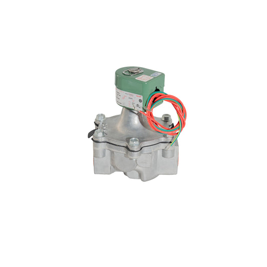 An industrial solenoid valve with a silver metal body, a green top motor housing, and red, orange, and green wire leads, shown on a plain white background.