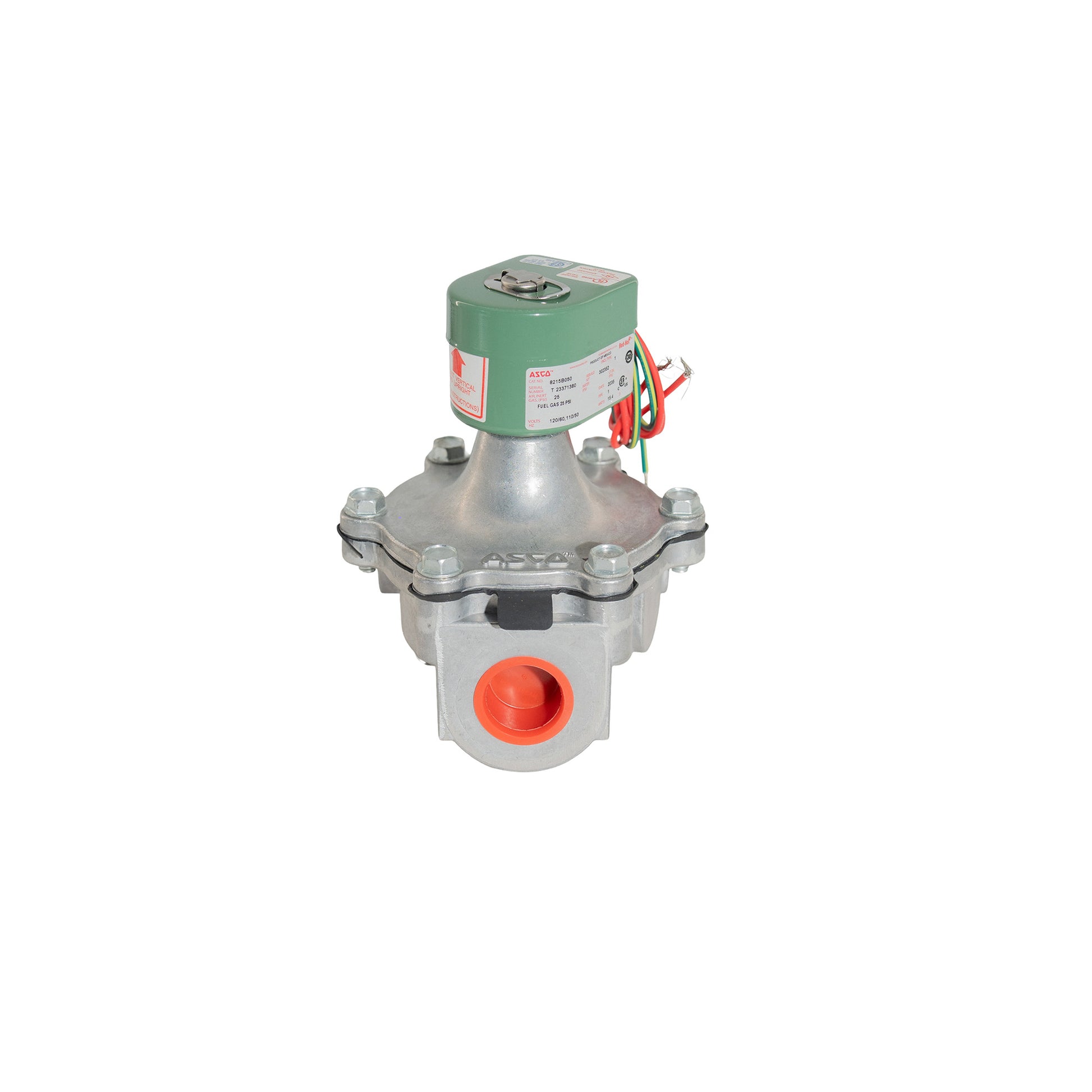 An industrial solenoid valve with a silver metal body, a green top motor housing, and an orange-red port fitting, shown on a plain white background.