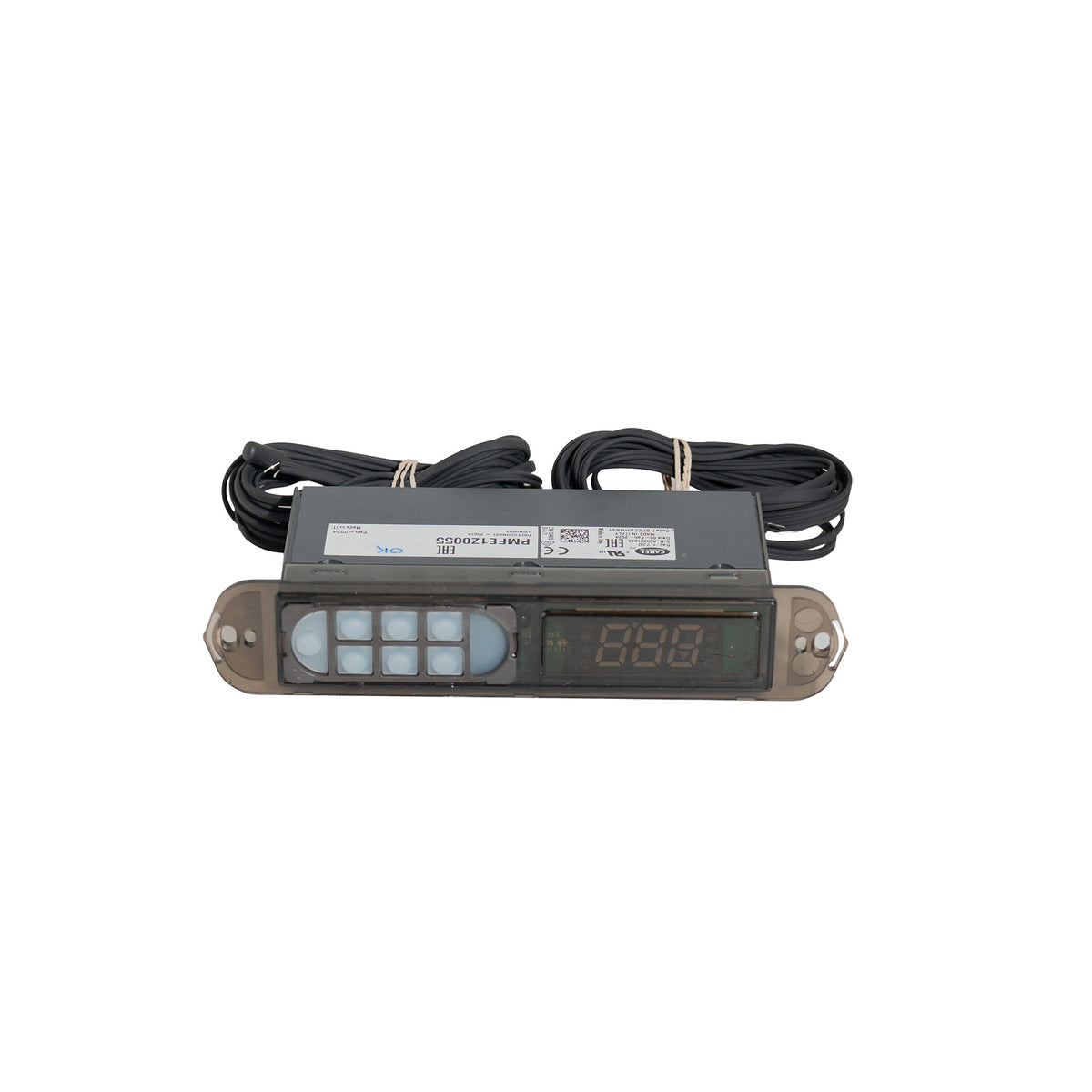 black electronic controller with digital screen and six buttons on white background.