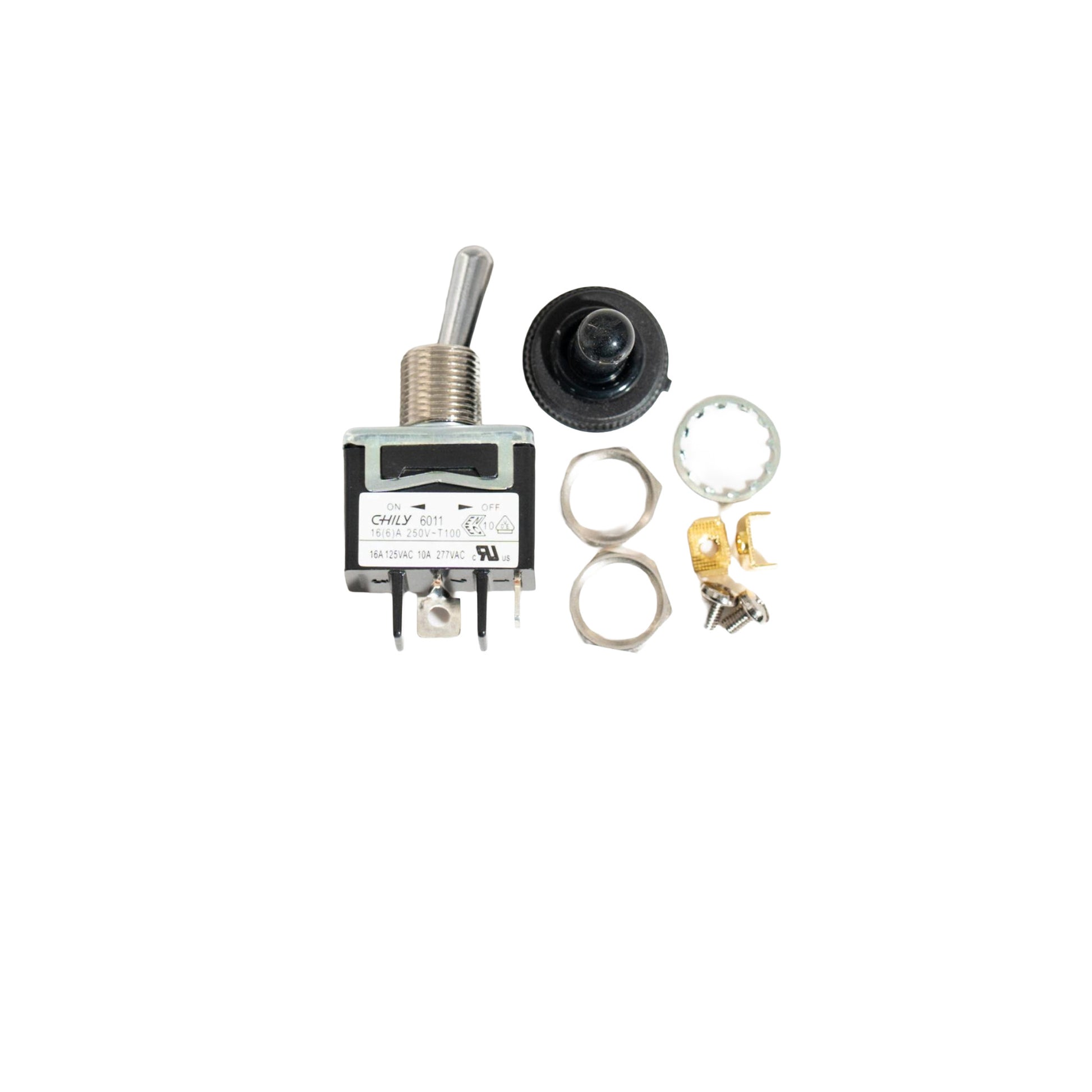 Collection of electrical components including a toggle switch, potentiometer, and connectors on a white background.