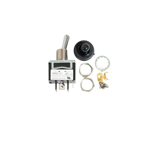 Collection of electrical components including a toggle switch, potentiometer, and connectors on a white background.