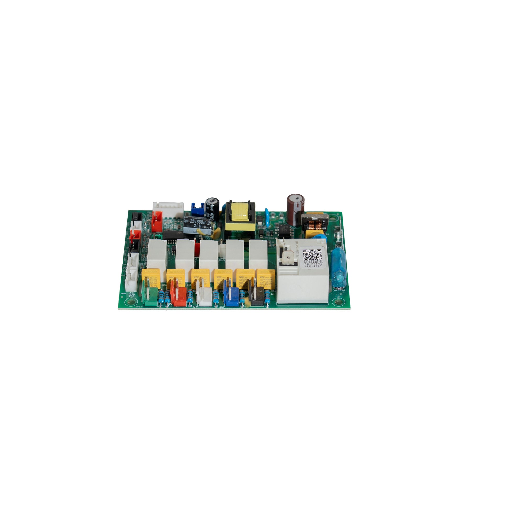 Electronic circuit board with various components on a white background