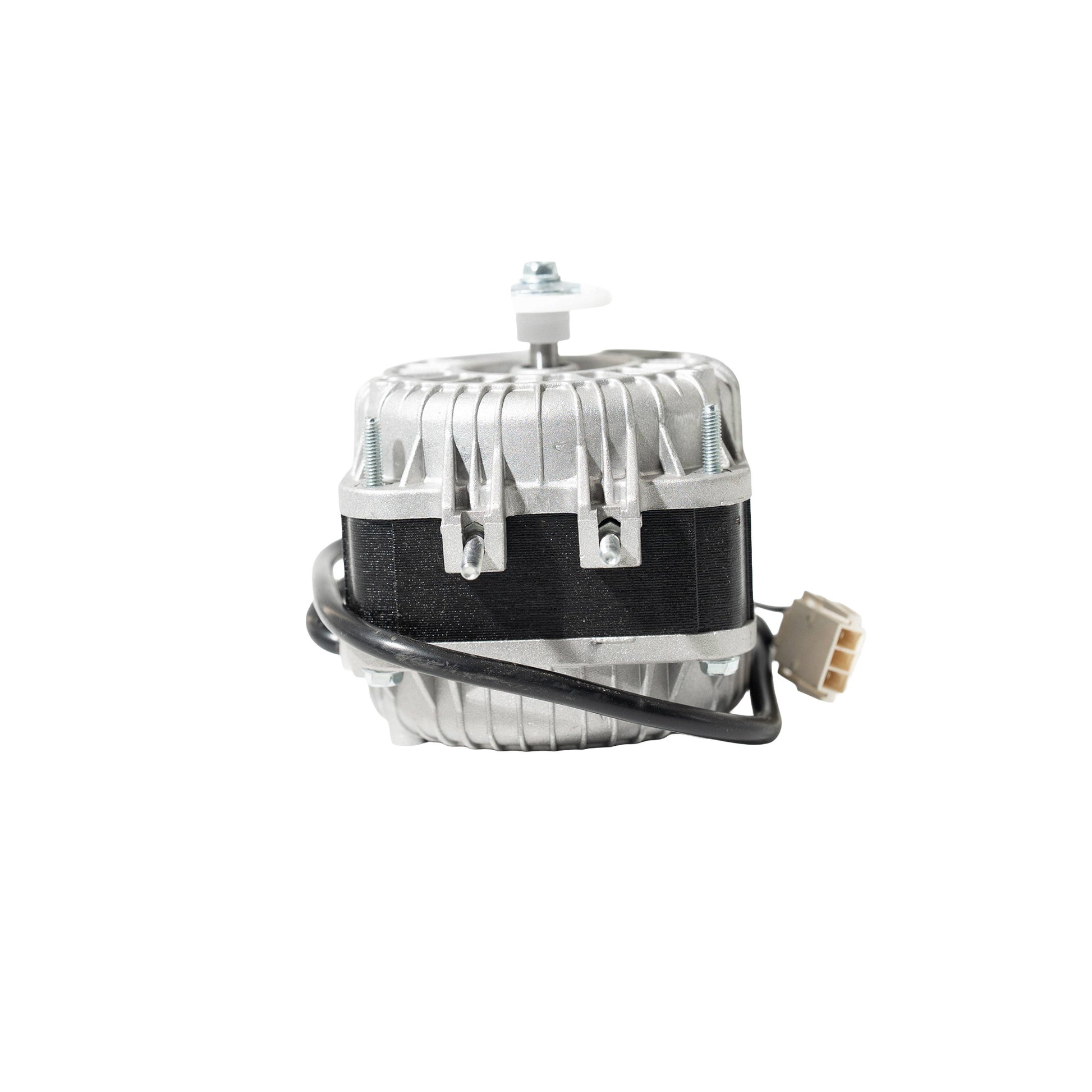 Black and gray motor with black wire on white background.