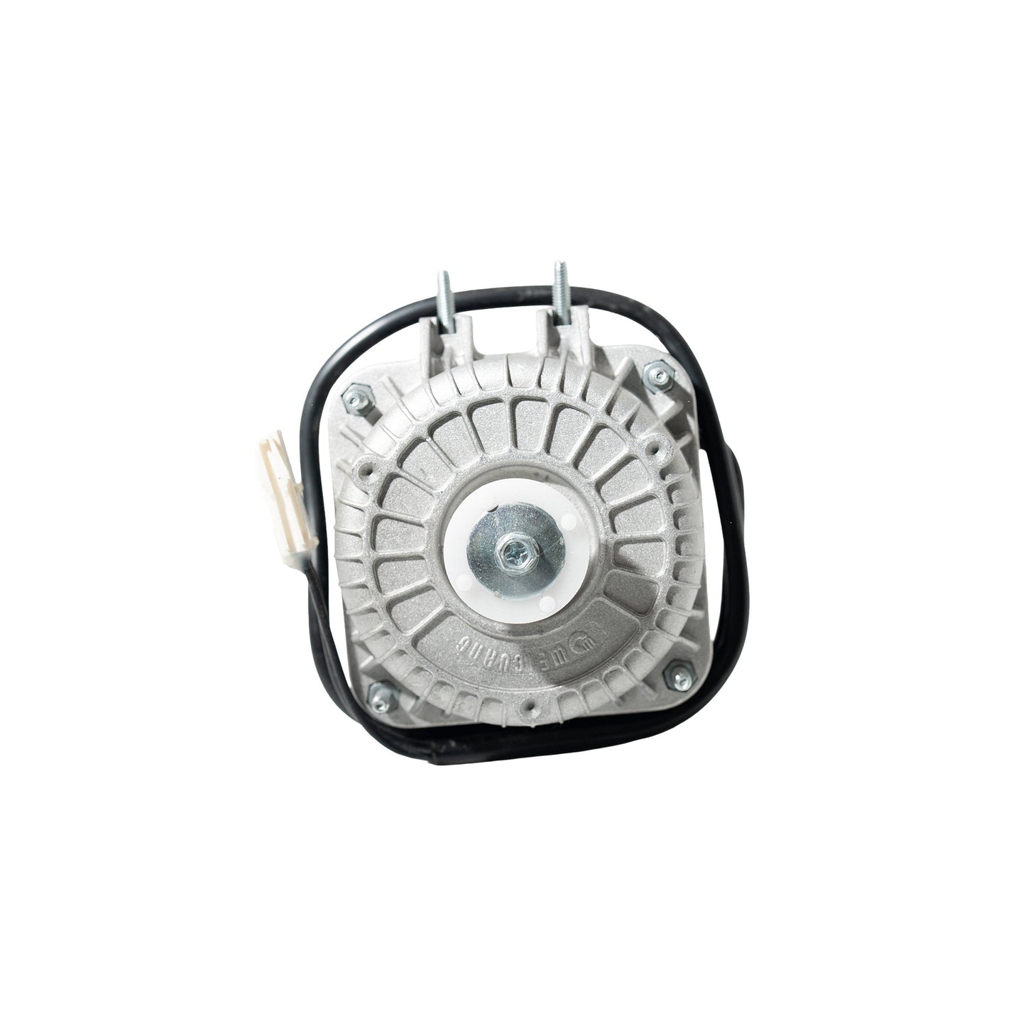 Black and gray motor with black wire on white background.