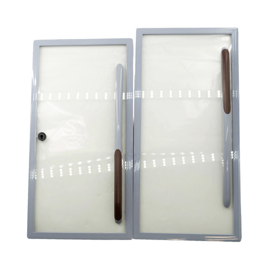 Two rectangular filters with brown straps on a white background