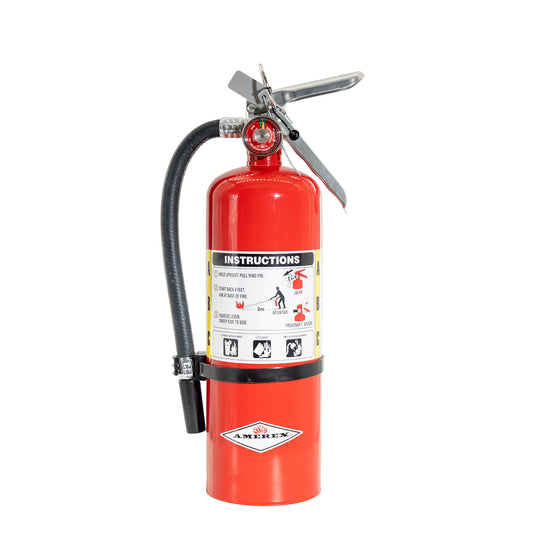 Red fire extinguisher with instructions on a white background