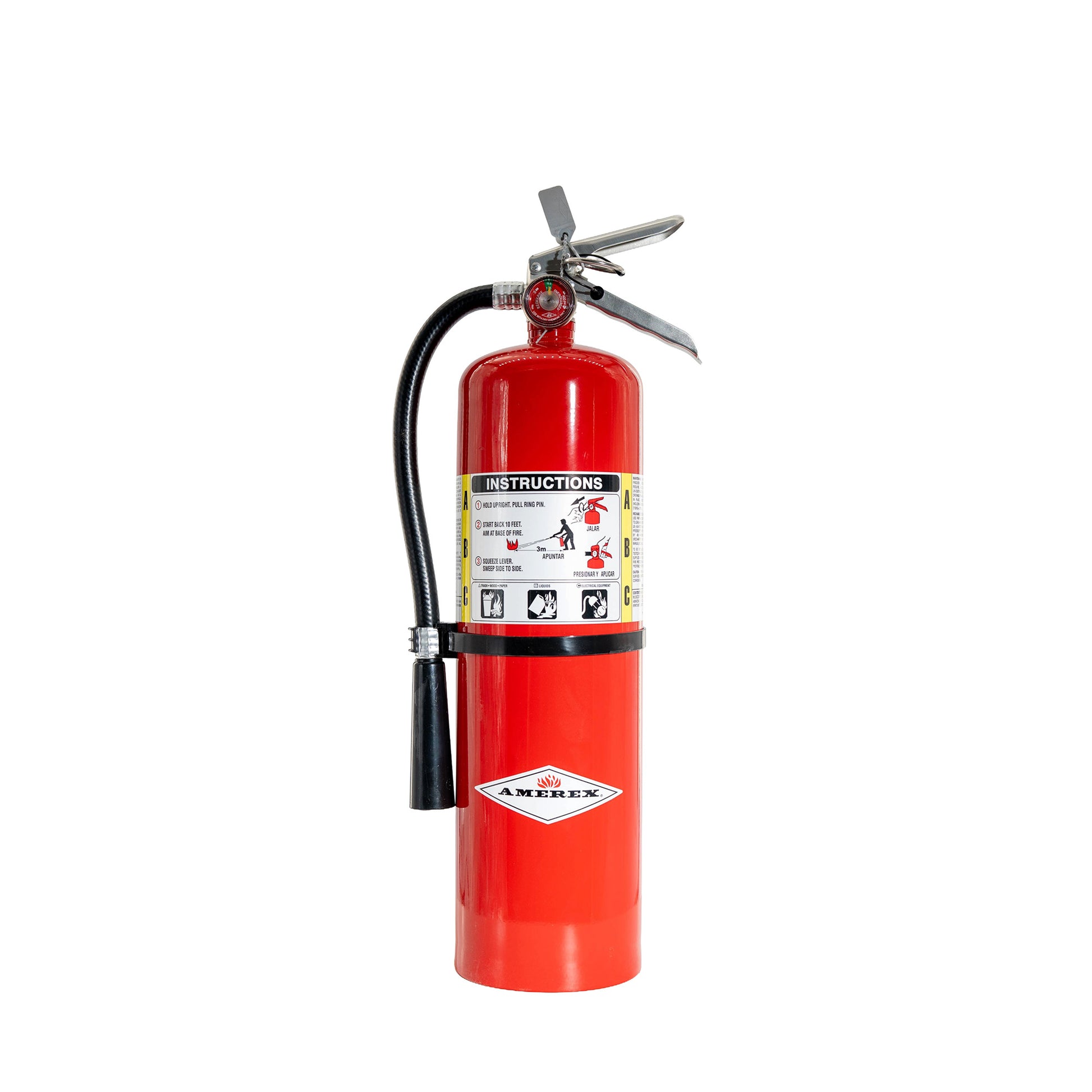 Red fire extinguisher with Amerex branding on a white background
