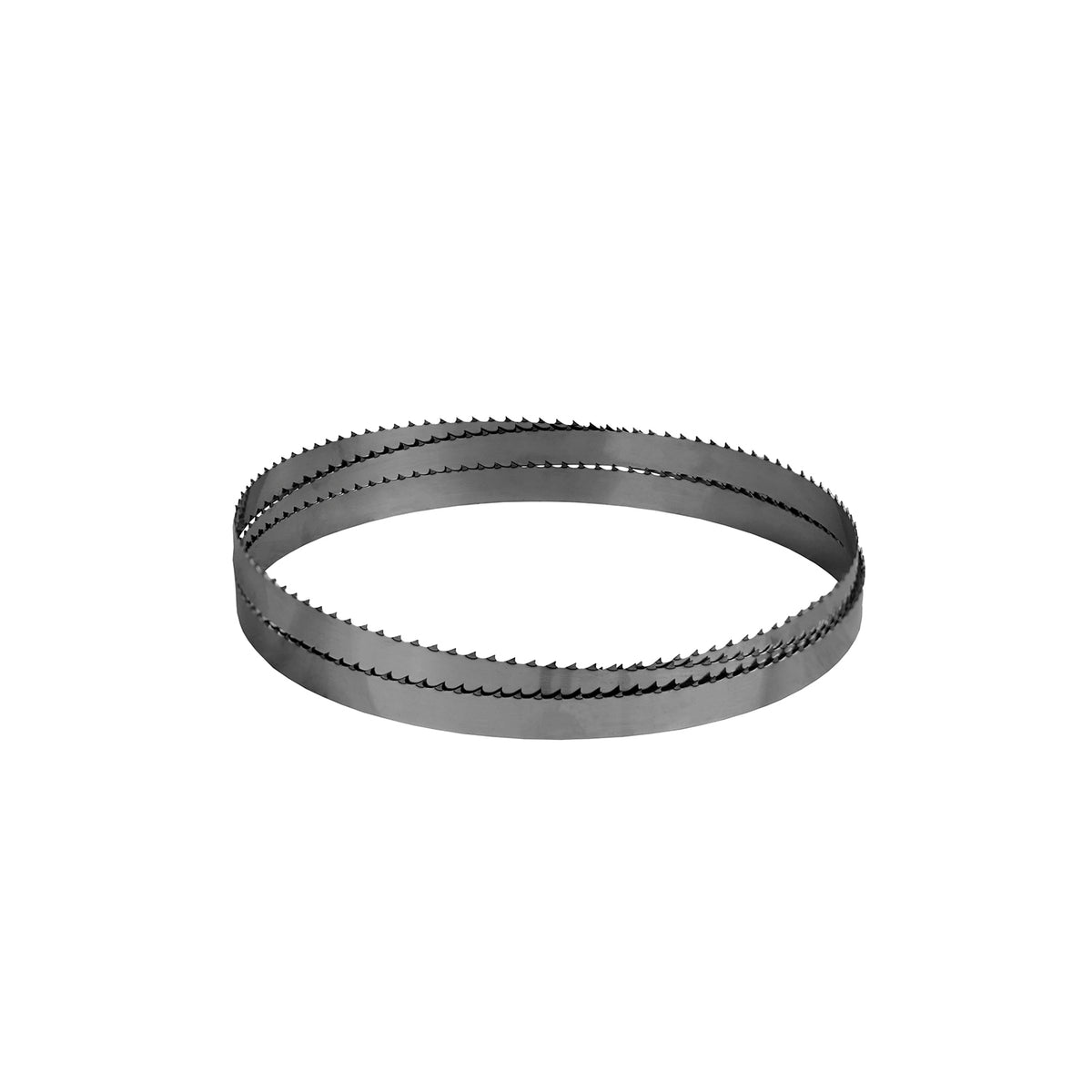 Silver metal circular blade with teeth on white background.