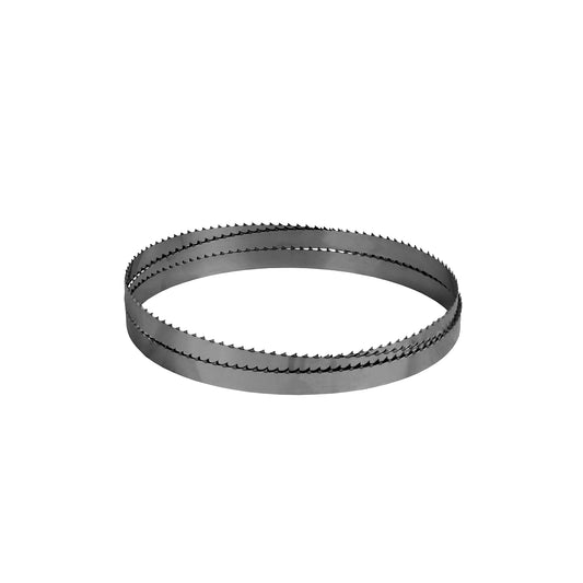 Silver metal circular blade with teeth on white background.