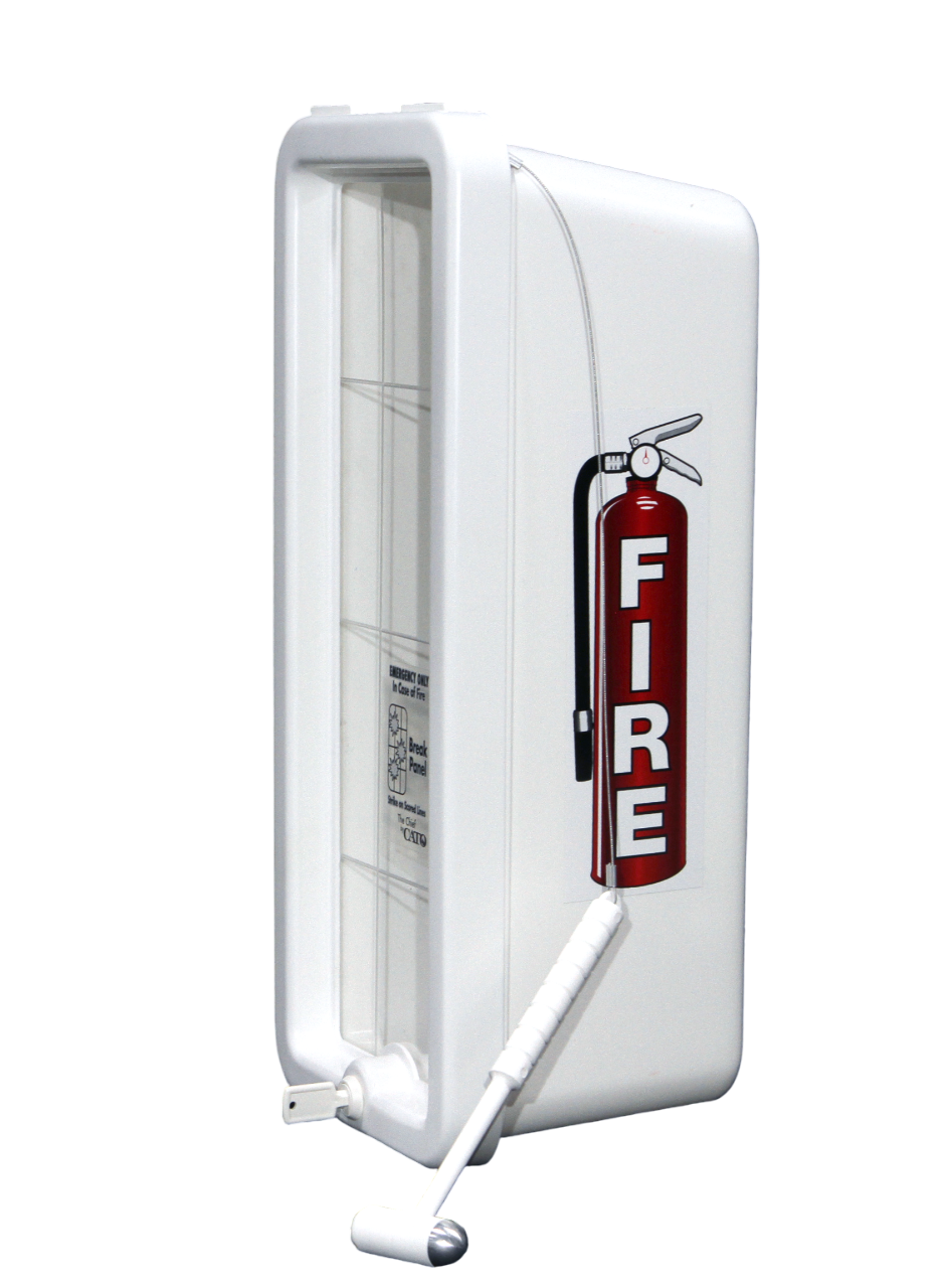 White fire extinguisher cabinet with a red fire extinguisher symbol on a white background