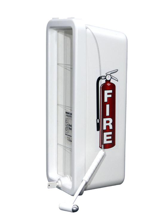 White fire extinguisher cabinet with a red fire extinguisher symbol on a white background