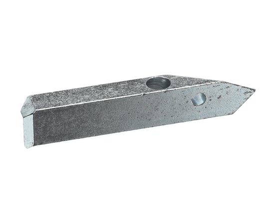 Small contoured metal pawl piece designed for handle mechanism on white background