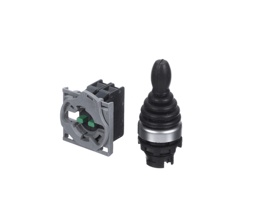 Compact two-position joystick switch with small lever and mounting base on white background