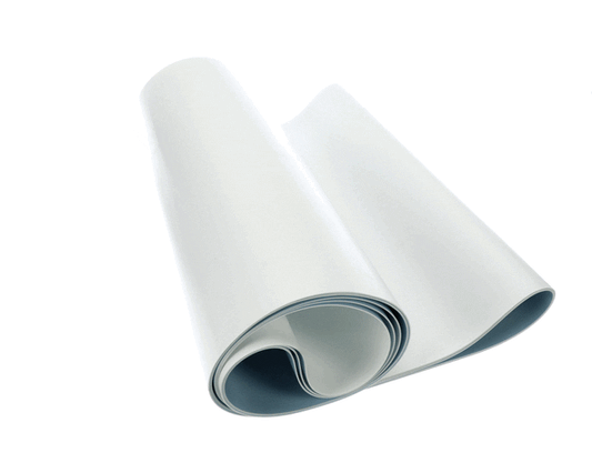 Metal conveyor belt section laid flat showing interlocking mesh links on white background