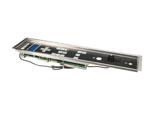 Preprogrammed control panel with display window, membrane keypad, and harness on white background