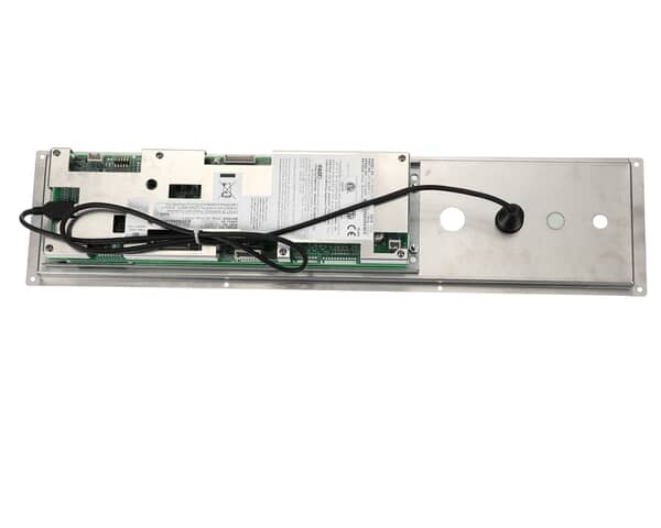 Replacement oven control package with front keypad, circuit board, and wiring on white background