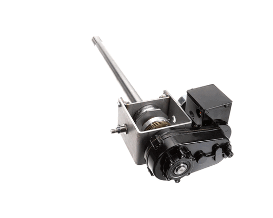 Rotating mechanism with gears, shaft, and mounting bracket on white background