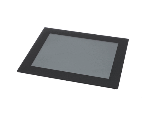 Touchscreen display board with flat glass front and mounting bezel on white background