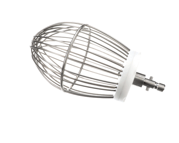 Large stainless-steel wire whip mixer attachment with rounded balloon shape on white background