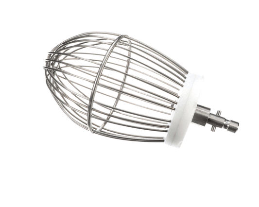 Large stainless-steel wire whip mixer attachment with rounded balloon shape on white background