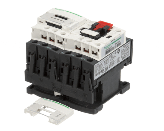 Gray reversing contactor with multiple screw terminals and labeled sides on white background