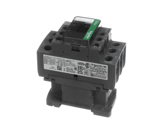 Three-pole power contactor with side terminals and identification label on white background