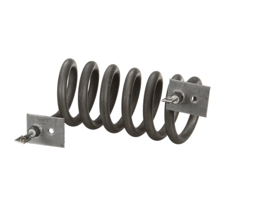 Tubular heating element bent into tight U-shape with two terminals on white background