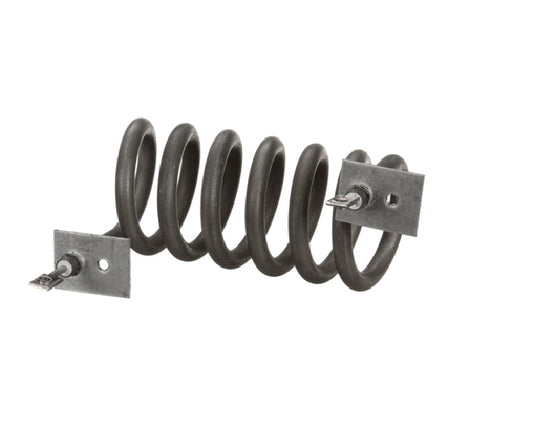 Tubular heating element bent into tight U-shape with two terminals on white background