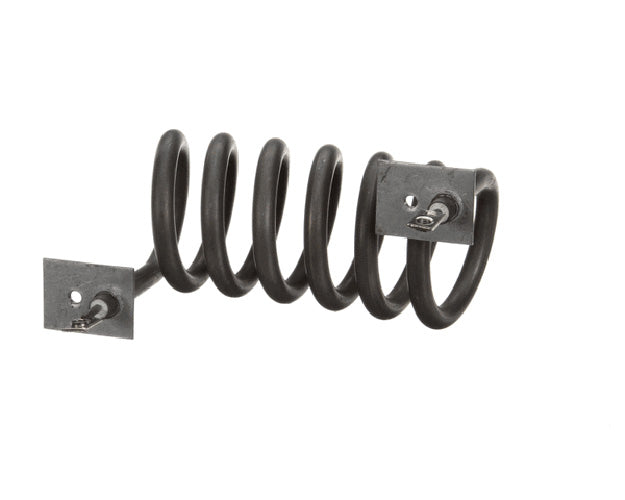 Slim tubular heating element bent into rectangular loop with terminal ends on white background