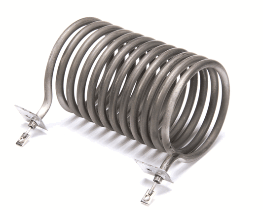 Coiled tubular heating element shaped into tight loop with terminal ends visible on white background