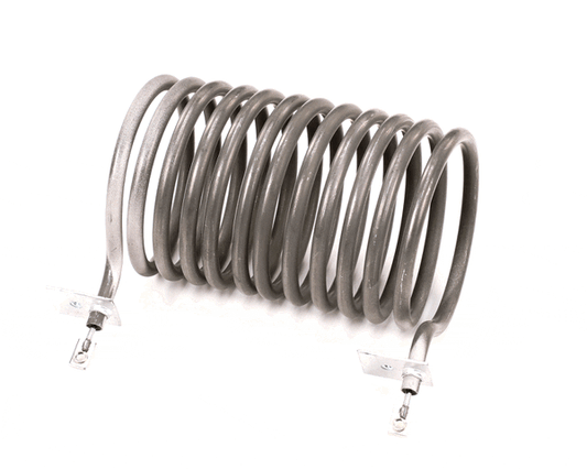 Tubular oven element formed into tight loop with terminal studs on white background