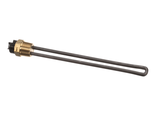 Compact tubular heating element formed into small loop with electrical terminals on white background