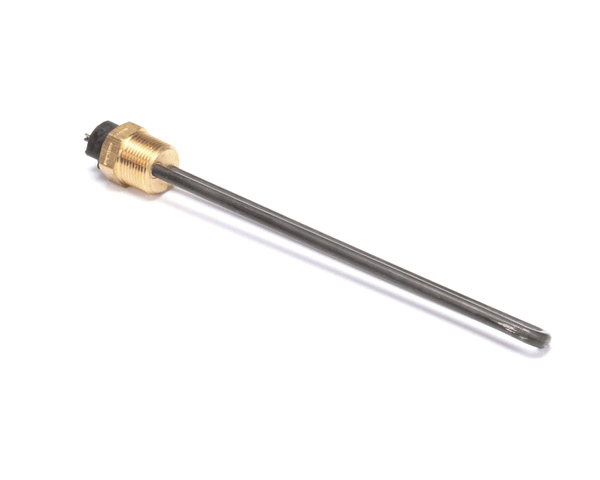 Tubular heating element bent into compact shape with two electrical terminals on white background
