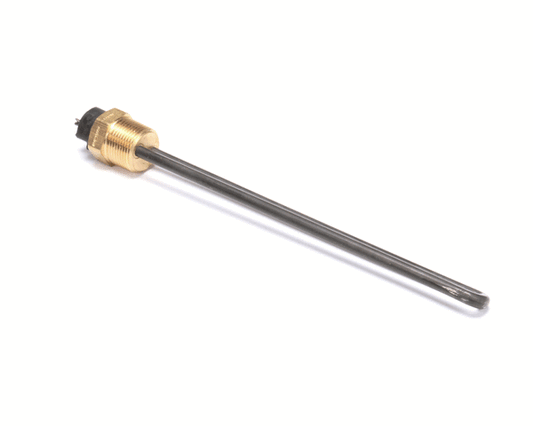 Tubular heating element bent into compact shape with two electrical terminals on white background