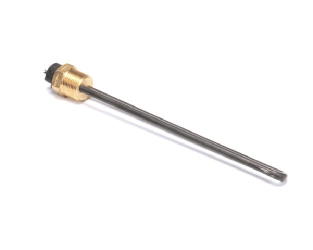 Tubular heating element bent into compact shape with two electrical terminals on white background