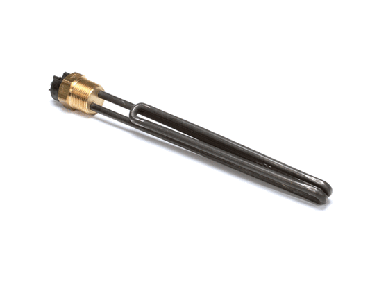 Threaded immersion heater with straight tubular body and two terminal studs on white background