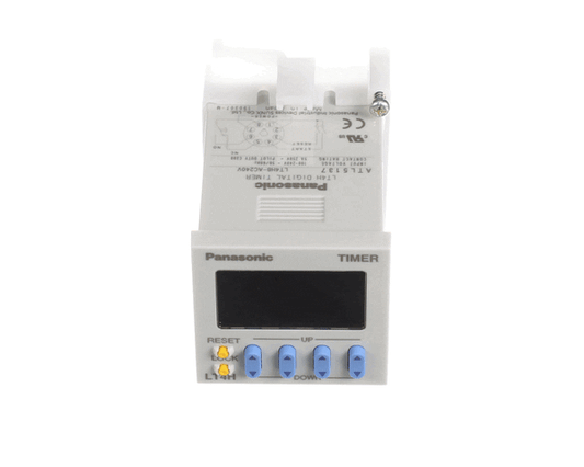 Compact digital timer with front display and push buttons on white background