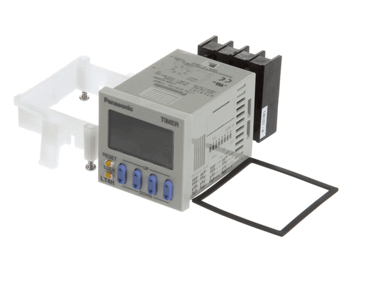 Digital timer conversion kit with timer module, wiring, and mounting hardware on white background