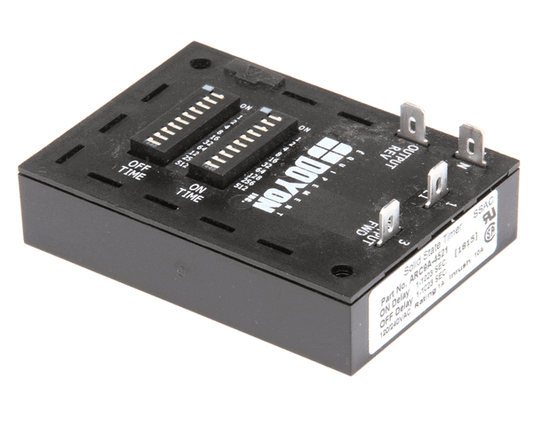 Small solid-state timer module with labeled terminals and indicator on white background