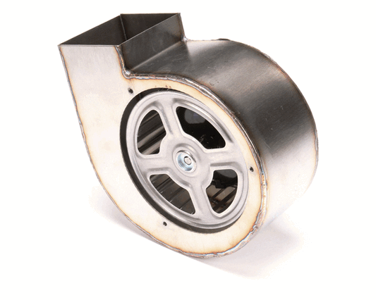 Blower motor combination with fan wheel housing and wiring leads on white background