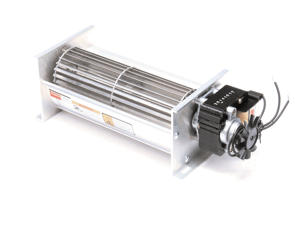 Blower motor with attached fan housing and wiring leads on white background