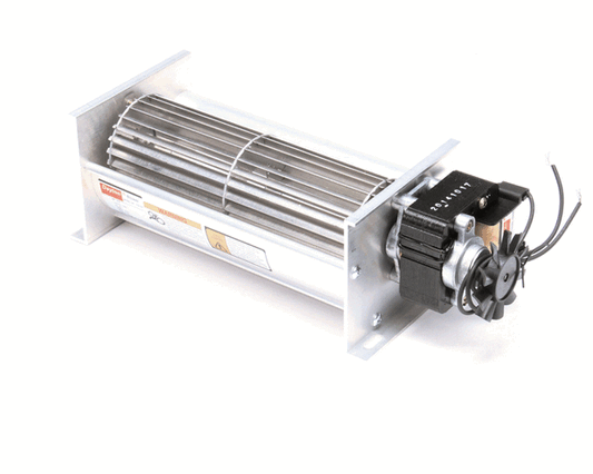 Blower motor with attached fan housing and wiring leads on white background