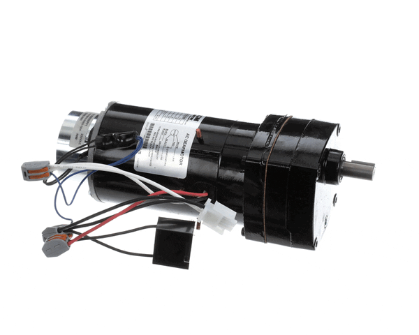Geared motor with mounting plate and output shaft for rack rotation on white background