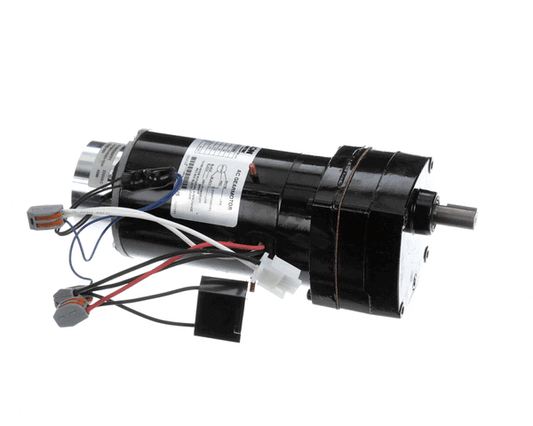 Geared motor with mounting plate and output shaft for rack rotation on white background