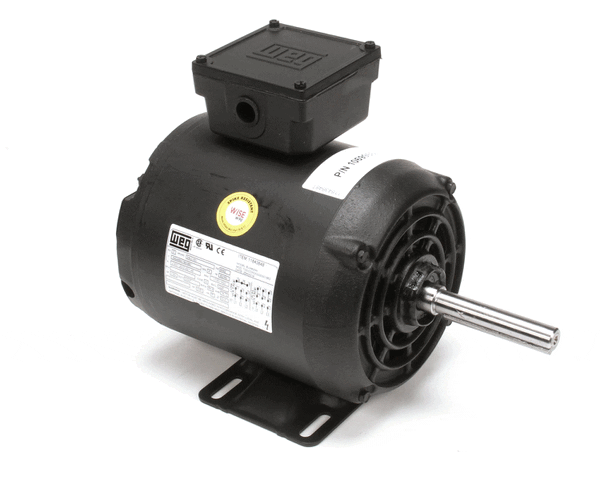 Three-phase industrial motor with cooling fins and nameplate tag on white background