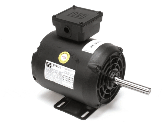Three-phase industrial motor with cooling fins and nameplate tag on white background
